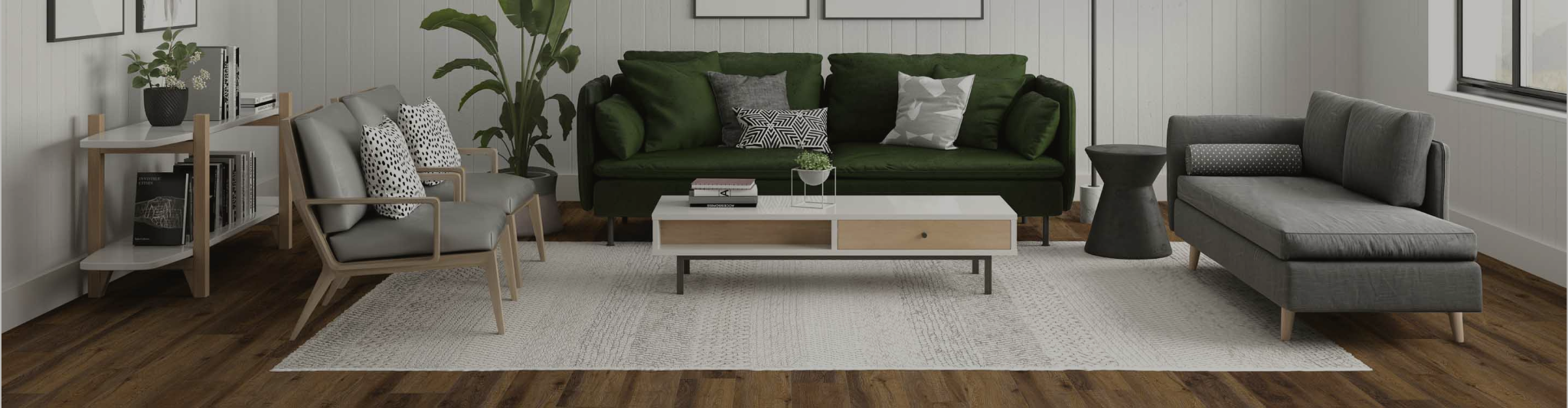 black and white pattered area rug in midcentury living room with green couch